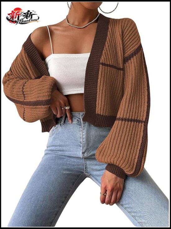 Sweaters - Color Block Crop Cardigan Bishop Long Sleeve Open Front Sweater